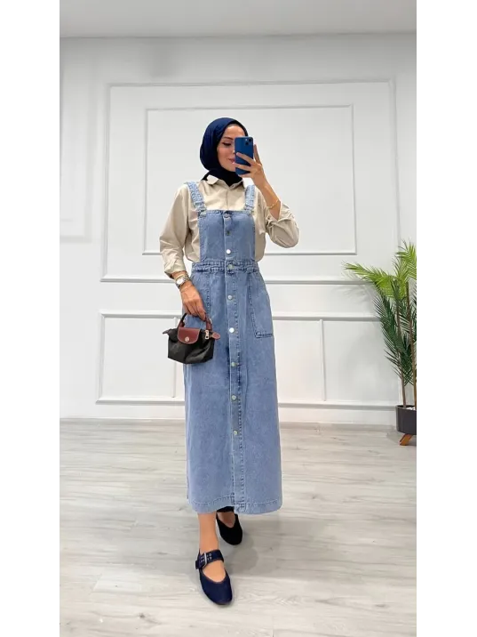 Etekli Salopet Enzim Süper Taş Yıkama Buz Mavi D 2521