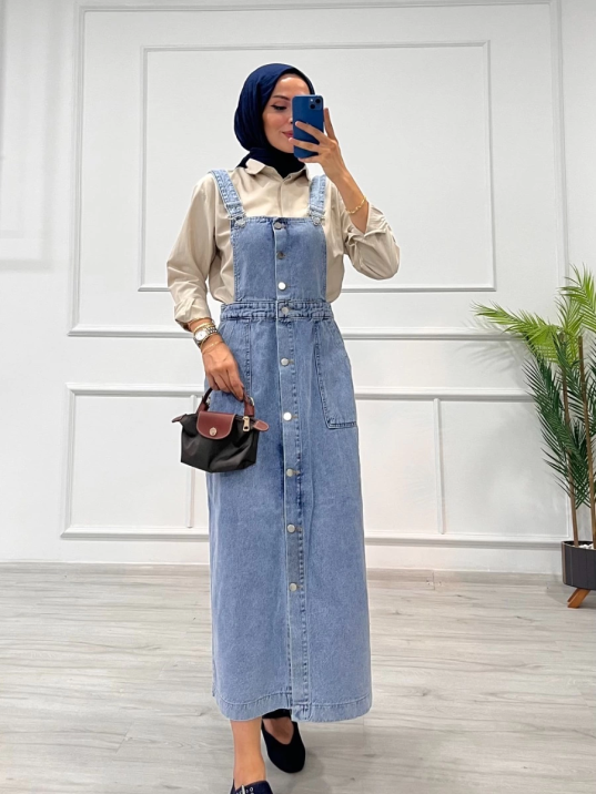 Etekli salopet enzim süper taş yıkama buz mavi d 2521 Etekli salopet enzim süper taş yıkama buz mavi d 2521