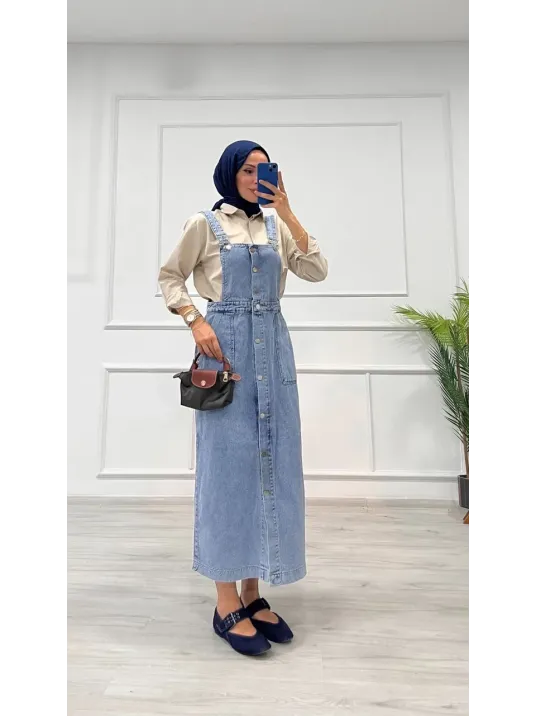 Etekli Salopet Enzim Süper Taş Yıkama Buz Mavi D 2521