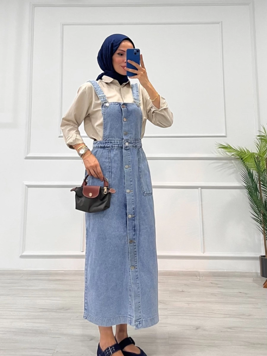 Etekli salopet enzim süper taş yıkama buz mavi d 2521 Etekli salopet enzim süper taş yıkama buz mavi d 2521