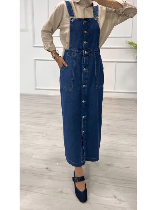 Etekli Salopet Enzim Süper Taş Yıkama Koyu Mavi D2521