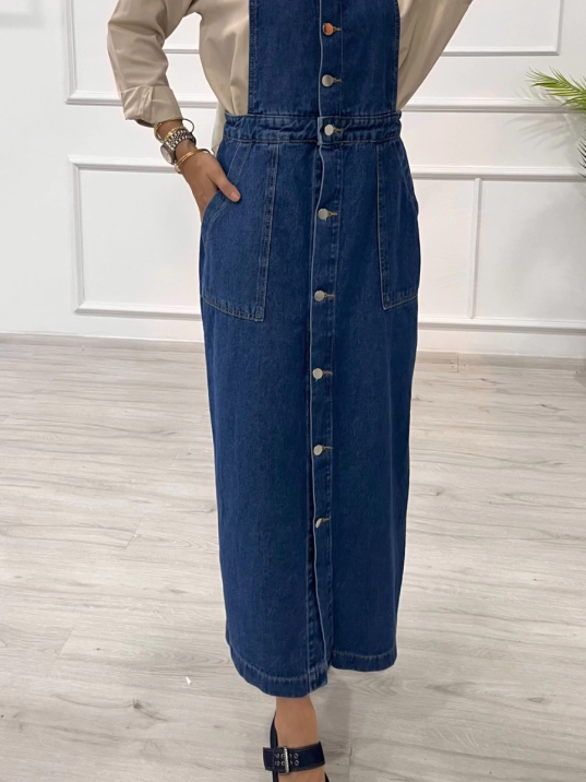 Etekli salopet enzim süper taş yıkama koyu mavi d2521 Etekli salopet enzim süper taş yıkama koyu mavi d2521