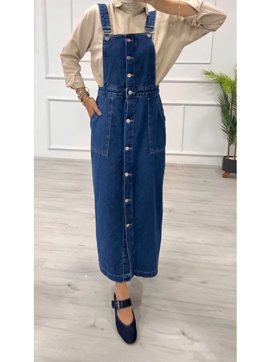 Etekli Salopet Enzim Süper Taş Yıkama Koyu Mavi D2521