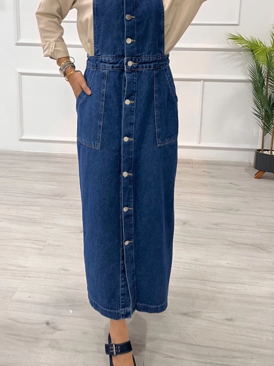 Etekli salopet enzim süper taş yıkama koyu mavi d2521 Etekli salopet enzim süper taş yıkama koyu mavi d2521