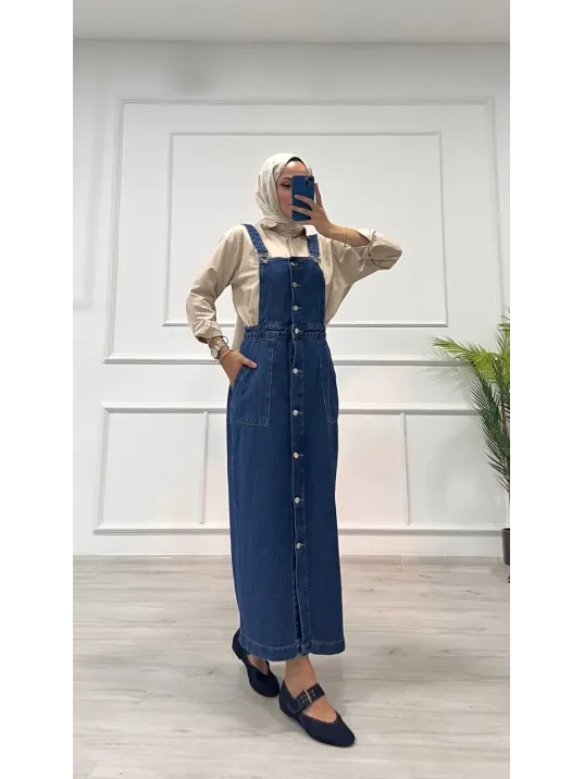 Etekli Salopet Enzim Süper Taş Yıkama Koyu Mavi D2521