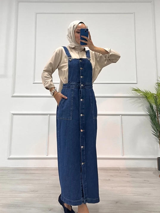 Etekli salopet enzim süper taş yıkama koyu mavi d2521 Etekli salopet enzim süper taş yıkama koyu mavi d2521