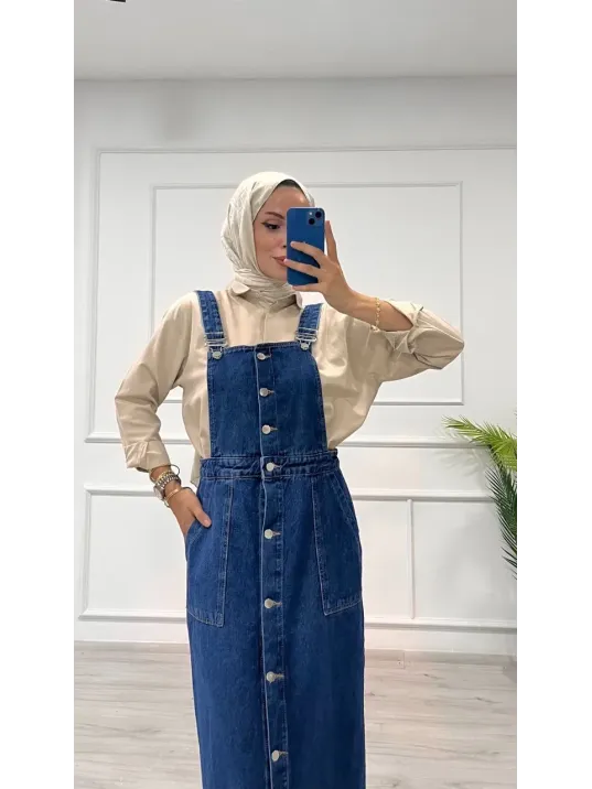 Etekli Salopet Enzim Süper Taş Yıkama Koyu Mavi D2521