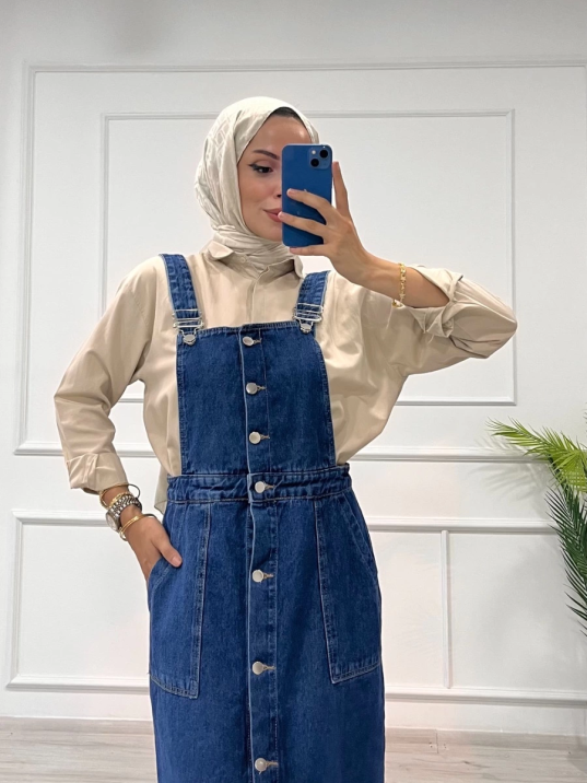 Etekli salopet enzim süper taş yıkama koyu mavi d2521 Etekli salopet enzim süper taş yıkama koyu mavi d2521