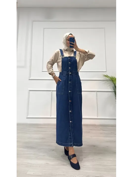 Etekli Salopet Enzim Süper Taş Yıkama Koyu Mavi D2521