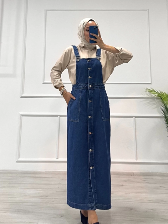 Etekli salopet enzim süper taş yıkama koyu mavi d2521 Etekli salopet enzim süper taş yıkama koyu mavi d2521