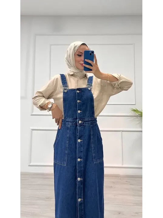 Etekli Salopet Enzim Süper Taş Yıkama Koyu Mavi D2521