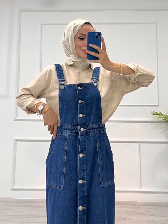 Etekli salopet enzim süper taş yıkama koyu mavi d2521 Etekli salopet enzim süper taş yıkama koyu mavi d2521