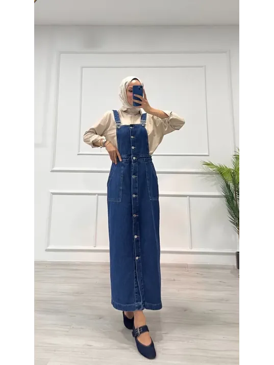 Etekli Salopet Enzim Süper Taş Yıkama Koyu Mavi D2521