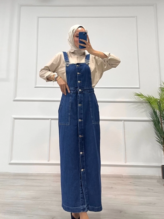 Etekli salopet enzim süper taş yıkama koyu mavi d2521 Etekli salopet enzim süper taş yıkama koyu mavi d2521