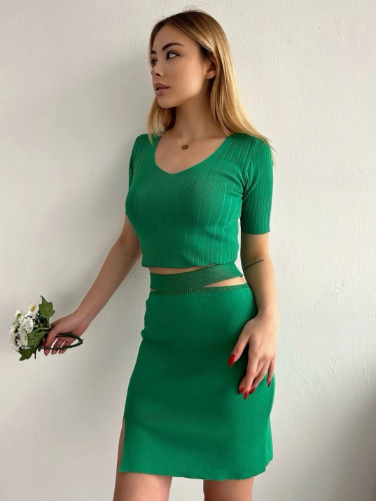 Etekli triko takım yeşil t23107 Etekli triko takım yeşil t23107