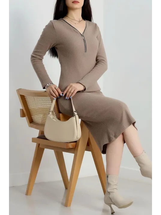 Fermuar Detaylı Fitilli Şardonlu Elbise Bej A3178