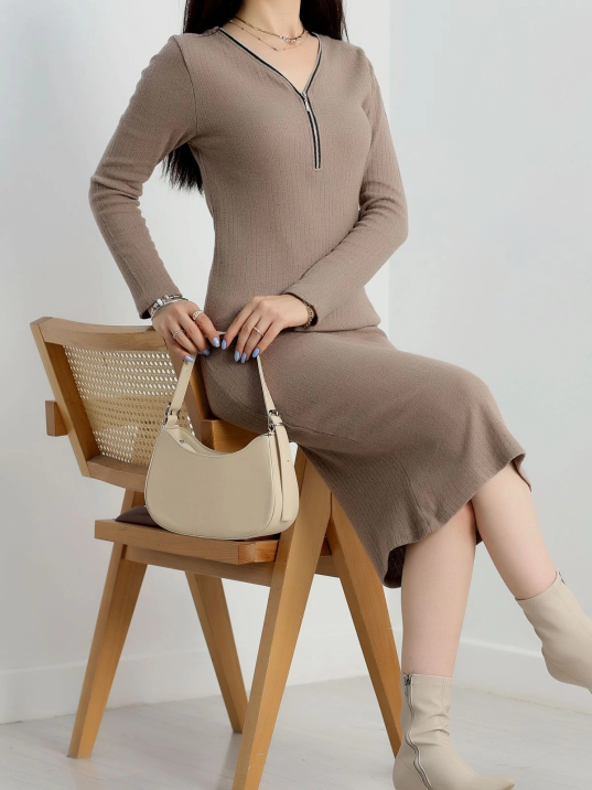 Fermuar detaylı fitilli şardonlu elbise bej a3178 Fermuar detaylı fitilli şardonlu elbise bej a3178