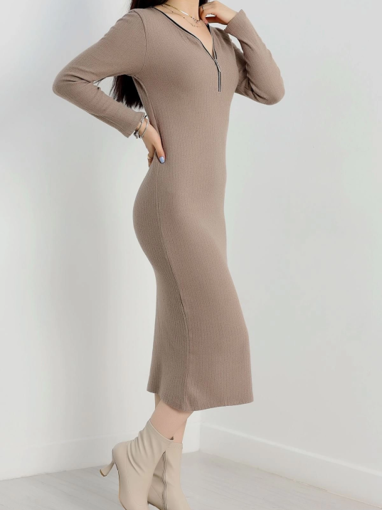 Fermuar detaylı fitilli şardonlu elbise bej a3178 Fermuar detaylı fitilli şardonlu elbise bej a3178