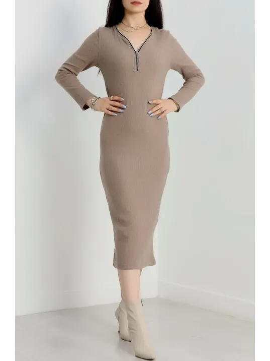 Fermuar Detaylı Fitilli Şardonlu Elbise Bej A3178