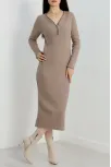 Fermuar Detaylı Fitilli Şardonlu Elbise Bej A3178
