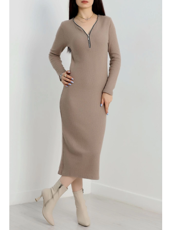 Fermuar detaylı fitilli şardonlu elbise bej a3178 Fermuar detaylı fitilli şardonlu elbise bej a3178