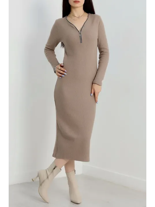 Fermuar Detaylı Fitilli Şardonlu Elbise Bej A3178