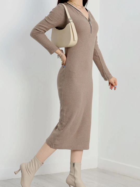 Fermuar detaylı fitilli şardonlu elbise bej a3178 Fermuar detaylı fitilli şardonlu elbise bej a3178