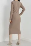 Fermuar Detaylı Fitilli Şardonlu Elbise Bej A3178