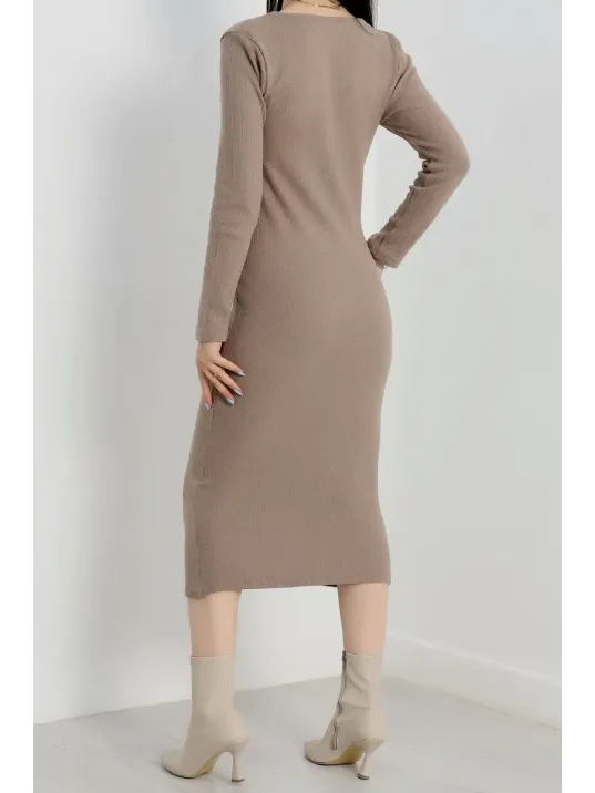 Fermuar Detaylı Fitilli Şardonlu Elbise Bej A3178