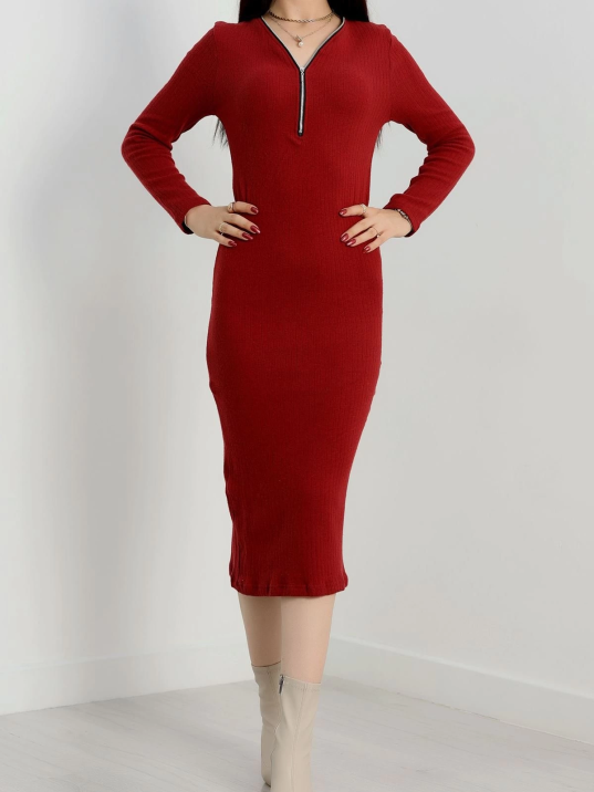 Fermuar detaylı fitilli şardonlu elbise bordo a3178 Fermuar detaylı fitilli şardonlu elbise bordo a3178