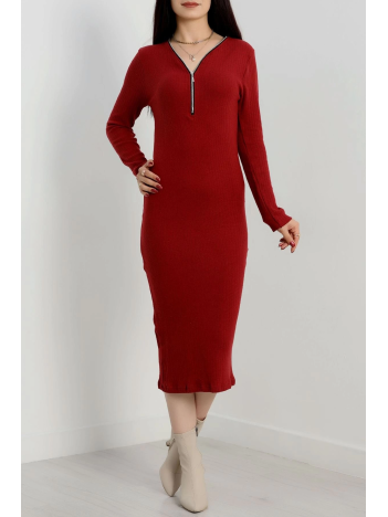 Fermuar detaylı fitilli şardonlu elbise bordo a3178