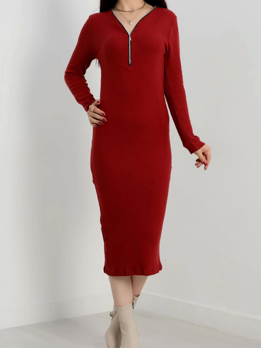 Fermuar detaylı fitilli şardonlu elbise bordo a3178 Fermuar detaylı fitilli şardonlu elbise bordo a3178