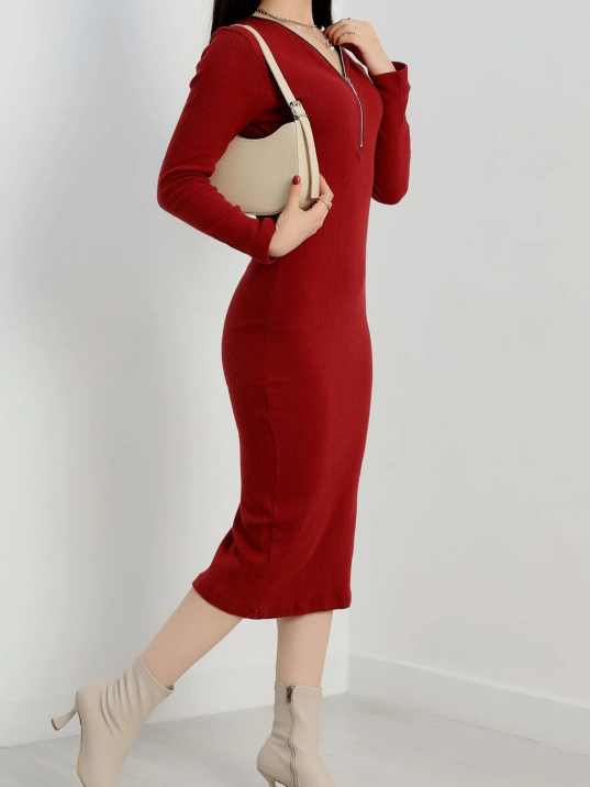 Fermuar detaylı fitilli şardonlu elbise bordo a3178 Fermuar detaylı fitilli şardonlu elbise bordo a3178