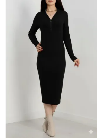 Fermuar Detaylı Fitilli Şardonlu Elbise Siyah A3178