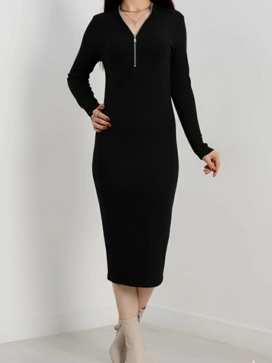 Fermuar detaylı fitilli şardonlu elbise siyah a3178 Fermuar detaylı fitilli şardonlu elbise siyah a3178