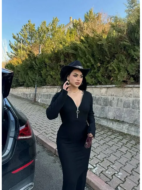 Fermuar Detaylı Fitilli Şardonlu Elbise Siyah A3178