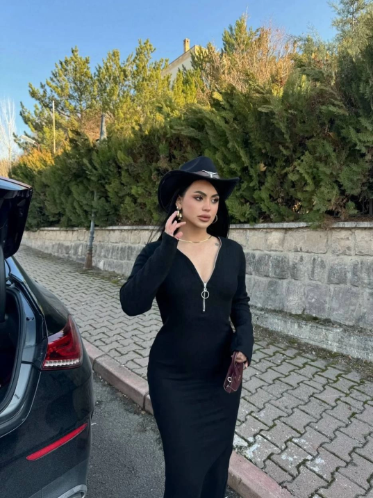 Fermuar detaylı fitilli şardonlu elbise siyah a3178 Fermuar detaylı fitilli şardonlu elbise siyah a3178