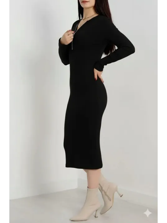 Fermuar Detaylı Fitilli Şardonlu Elbise Siyah A3178