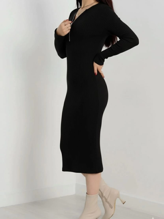 Fermuar detaylı fitilli şardonlu elbise siyah a3178 Fermuar detaylı fitilli şardonlu elbise siyah a3178