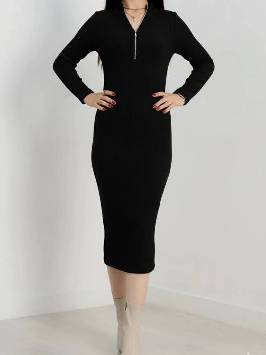 Fermuar detaylı fitilli şardonlu elbise siyah a3178 Fermuar detaylı fitilli şardonlu elbise siyah a3178