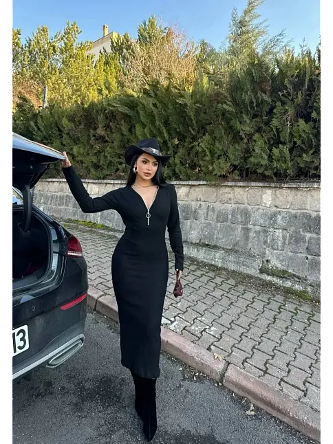 Fermuar Detaylı Fitilli Şardonlu Elbise Siyah A3178