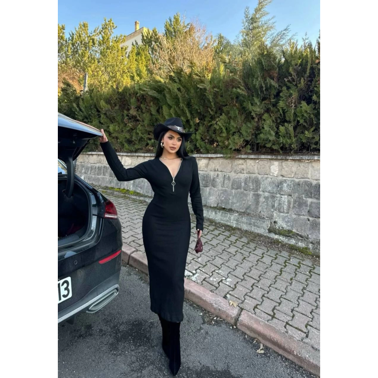 Fermuar detaylı fitilli şardonlu elbise siyah a3178 Fermuar detaylı fitilli şardonlu elbise siyah a3178
