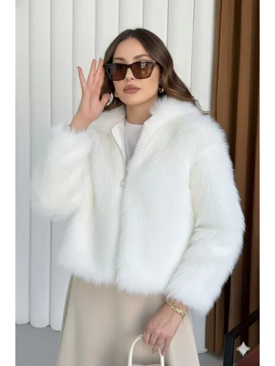Fermuarlı Kısa Kürk Beyaz T7746