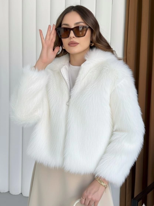 Fermuarlı kısa kürk beyaz t7746