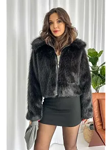 Fermuarlı Kısa Kürk Siyah T7746