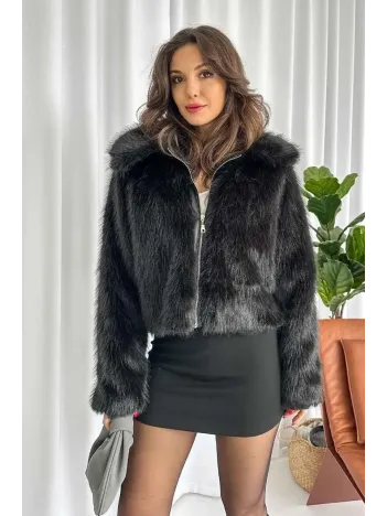 Fermuarlı Kısa Kürk Siyah T7746