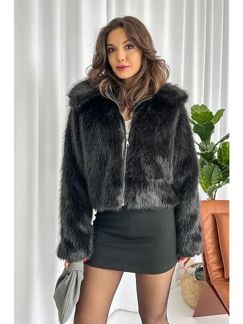 Fermuarlı Kısa Kürk Siyah T7746
