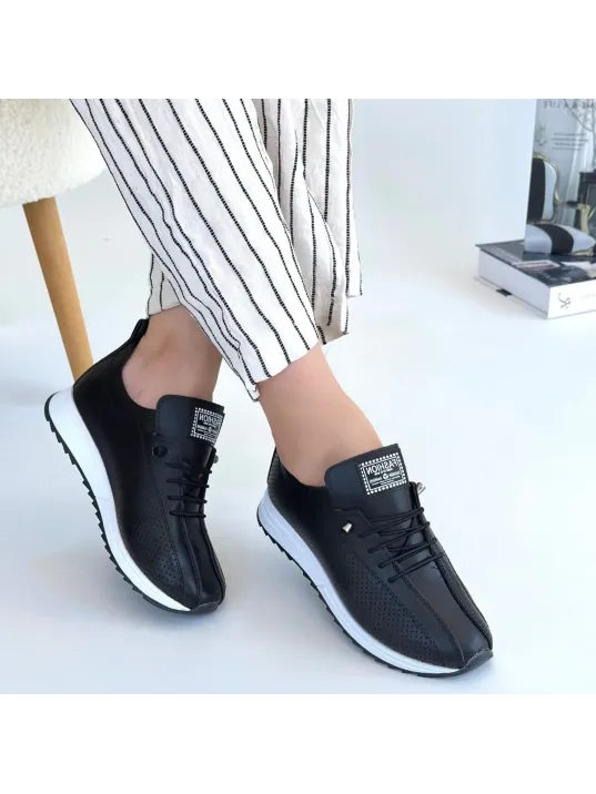 Fiert Siyah Cilt Bağcıklı Spor Ayakkabı