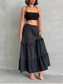 Fırfırlı Brodeli Astarlı Uzun Etek Siyah S255047