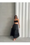 Fırfırlı Brodeli Astarlı Uzun Etek Siyah S255047